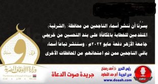 يسُرُّنا أن ننشر أسماء الناجحين من محافظة: (الشرقية) المتقدمين للخطابة بالمكافأة على بند التحسين من خريجي جامعة الأزهر دفعة مايو 2022م ، وسننشر تباعًا أسماء باقي الناجحين ممن تم امتحانهم من المحافظات الأخرى ، وهم :