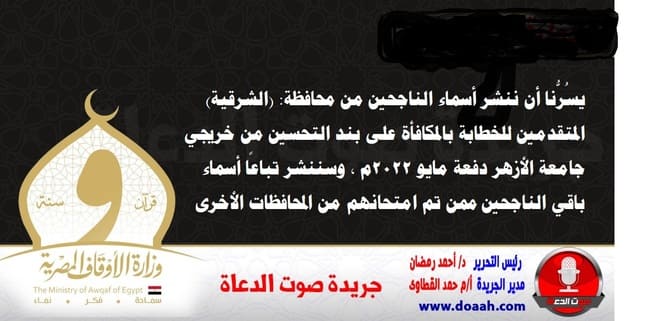 يسُرُّنا أن ننشر أسماء الناجحين من محافظة: (الشرقية) المتقدمين للخطابة بالمكافأة على بند التحسين من خريجي جامعة الأزهر دفعة مايو 2022م ، وسننشر تباعًا أسماء باقي الناجحين ممن تم امتحانهم من المحافظات الأخرى ، وهم :