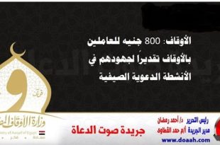 الأوقاف: 800 جنيه للعاملين بالأوقاف تقديرًا لجهودهم في الأنشطة الدعوية الصيفية