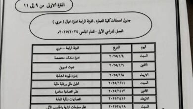 جدول امتحانات الفصل الدراسي الأول - للعام الجامعى ٢٠٢٥/٢٠٢٤م كلية التجارة جامعة الأزهر - جميع الفرق الفرقة الأولي ، الفرقة الثانية ، الفرقة الثالثة ، الفرقة الرابعة  ( عربي)
