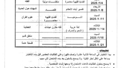 كلية البنات الأزهرية بالمنيا جامعة الأزهر: جداول امتحانات الفصل الدراسي الأول الفترة الصباحية والفترة المسائية لجميع البرامج وجميع الشعب