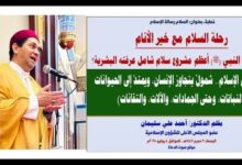 خطبة الجمعة : رحلة السلام مع خير الأنام.. كيف أسس النبي (ﷺ) أعظم مشروع سلام شامل عرفته البشرية؟ بقلم المفكر الإسلامي الدكتور/ أحمد علي سليمان عضو المجلس الأعلى للشؤون الإسلامية (السلام في الإسلام.. شمولٌ يتجاوز الإنسان، ويمتدّ إلى الحيوانات والنباتات، وحتى الجمادات، والآلات، والتقانات) الجمعة: 9 محرم 1447هـ ، الموافق 4 يوليو 2025م