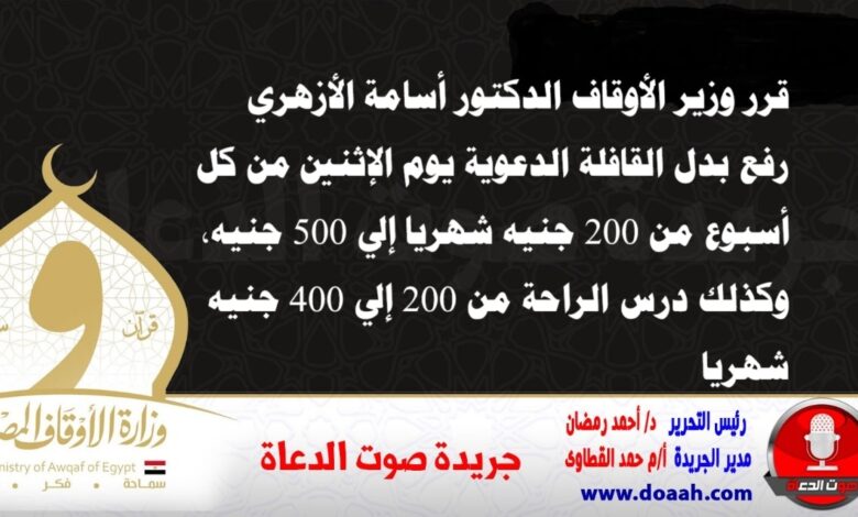 قرر وزير الأوقاف الدكتور أسامة الأزهري رفع بدل القافلة الدعوية يوم الإثنين من كل أسبوع من 200 جنيه شهريا إلي 500 جنيه، وكذلك درس الراحة من 200 إلي 400 جنيه شهريا.