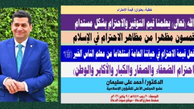 خطبة الجمعة ، بعنوان : كيف نُفعِّل قيمة الاحترام في حياتنا العامة استلهامًا من معلِّم الناس الخير (ﷺ)؟ بقلم المفكر الإسلامي الدكتور/ أحمد علي سليمان عضو المجلس الأعلى للشؤون الإسلامية، الجمعة: بتاريخ 20 رجب 1447هـ الموافق 9 يناير 2026م.