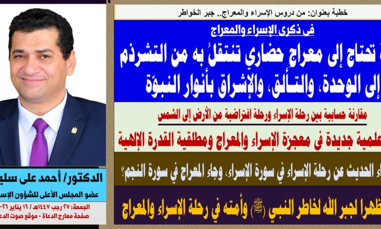 خطبة الجمعة ، بعنوان : في ذكرى الإسراء والمعراج.. الأمة تحتاج إلى معراجٍ حضاري تنتقلُ به من التشرذمِ إلى الوَحدة، والتـألّق، والإشراق بأنوار النبوّة، بقلم المفكر الإسلامي الدكتور/ أحمد علي سليمان عضو المجلس الأعلى للشؤون الإسلامية، الجمعة: بتاريخ  27 رجب 1447هـ الموافق 16 يناير 2026م