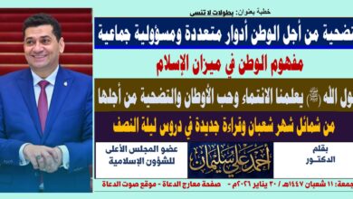 خطبة الجمعة ، بعنوان : مفهوم الوطن في ميزان الإسلام.. والتضحية من أجله أدوار متعددة ومسؤولية جماعية بقلم المفكر الإسلامي الدكتور أحمد علي سليمان، الجمعة: بتاريخ 11 شعبان 1447هـ الموافق 30 يناير 2026م.