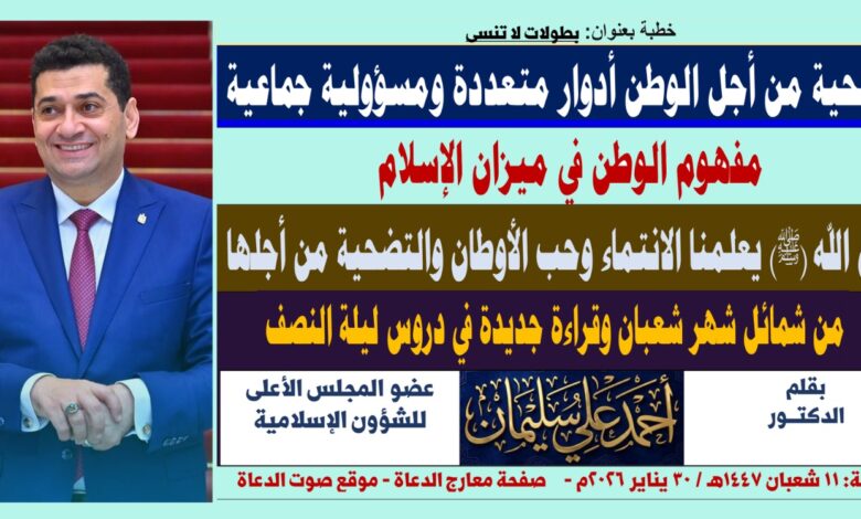 خطبة الجمعة ، بعنوان : مفهوم الوطن في ميزان الإسلام.. والتضحية من أجله أدوار متعددة ومسؤولية جماعية بقلم المفكر الإسلامي الدكتور أحمد علي سليمان، الجمعة: بتاريخ 11 شعبان 1447هـ الموافق 30 يناير 2026م.